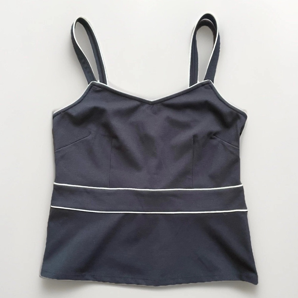 Ann Taylor Womens Top Size M Navy Blue White Blouse Shirt Sleeveless Casual